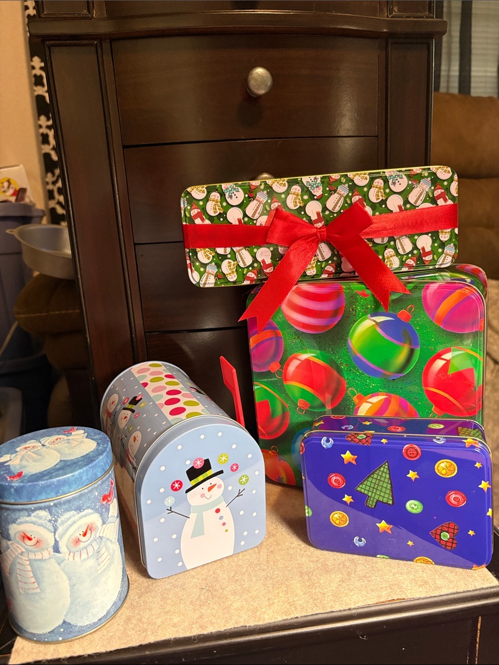 5 Holiday Decorative Tin Set - Assorted Blue, Red, Green